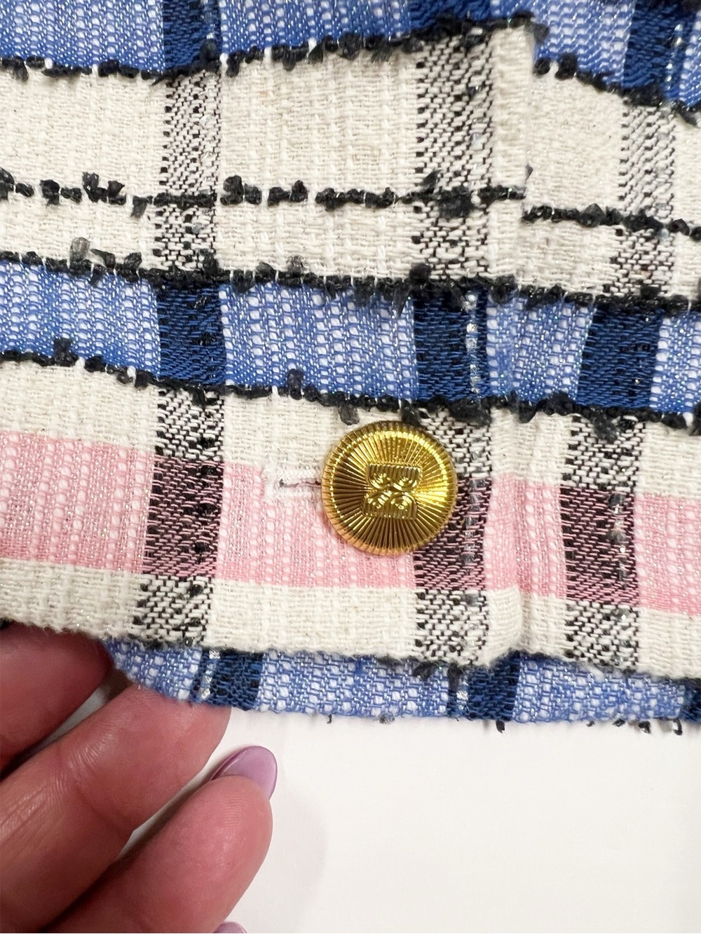 EENK Womens Ivory Pink Blue Preppy Single Breasted Short Tweed Jacket Size S - Picture 7 of 12